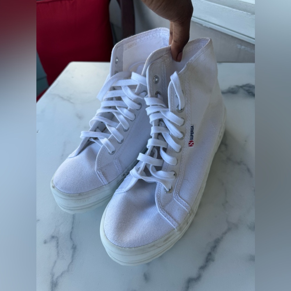 Superga High Top White Shoes Lace Small Platform Size 8